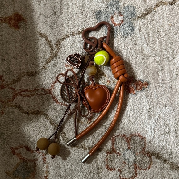 Accessories - Brown Heart Key Chain Bag Charm, Faux Leather Tassel Beaded, Detachable